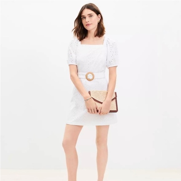 Loft White Eyelet Belted Square Neck Puffy Sleeve Mini Dress - 6 - Picture 2 of 16